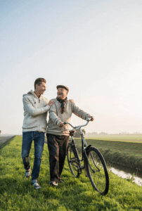 happy healthy elderly people improving his health with dairy protein